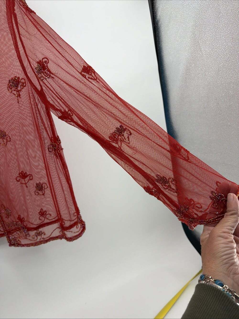 Vintage Krishma Beaded Shear Jacket Cardigan Silk Red Embroidered Shear Top - Picture 4 of 12